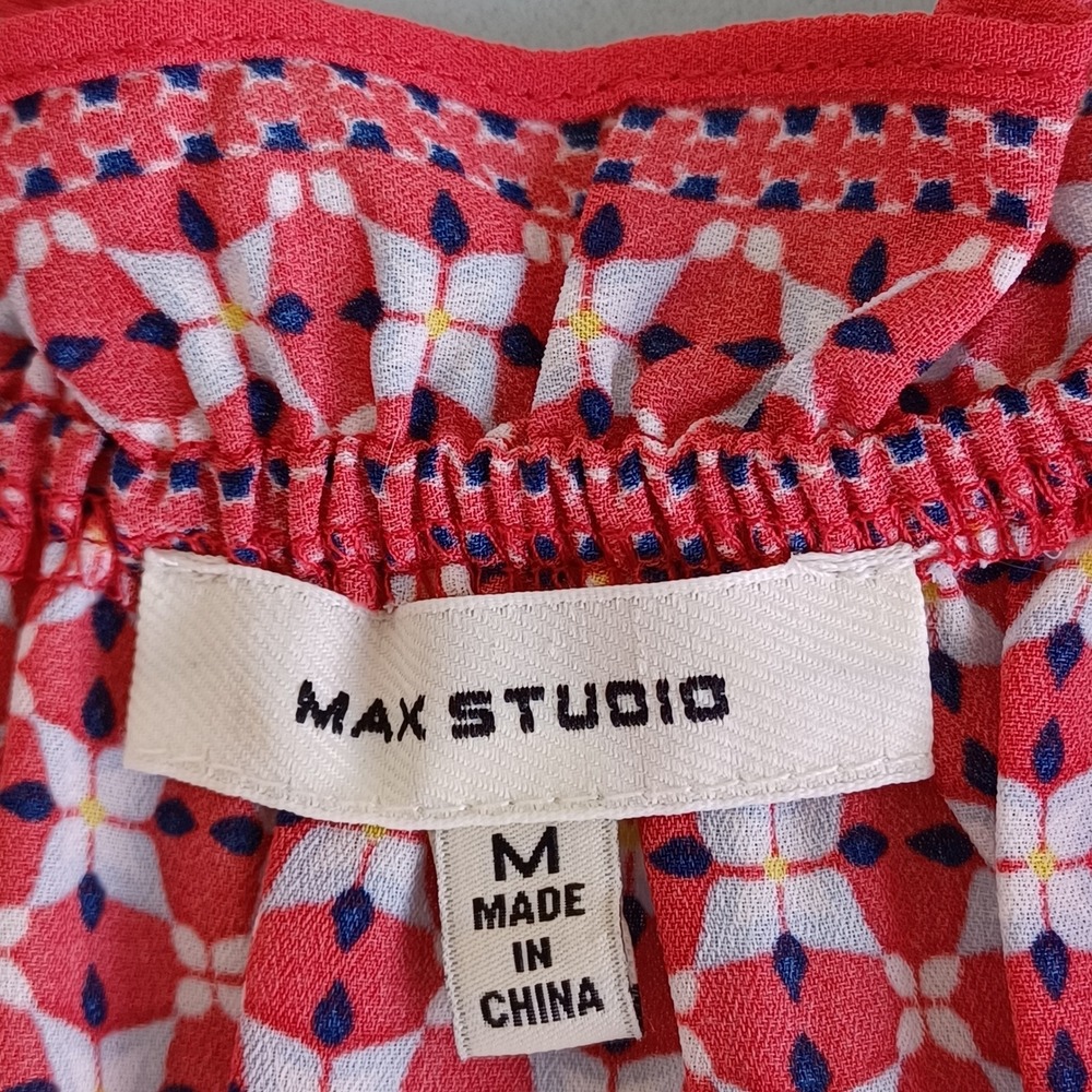 Max Studio Womens Red Geometric Floral Smocked V-Neck Flutter Sleeve Blouse M - Picture 6 of 13